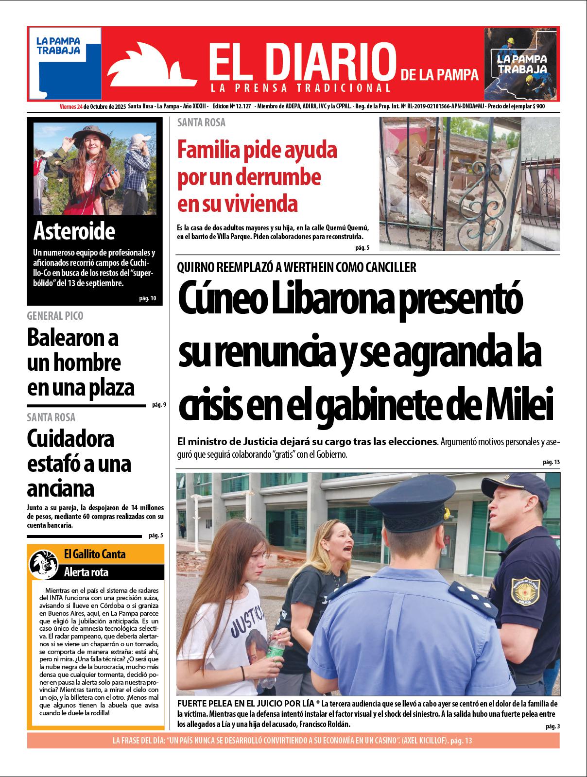 Tapa de El Diario en papel  viernes 24 de octubre de 2025